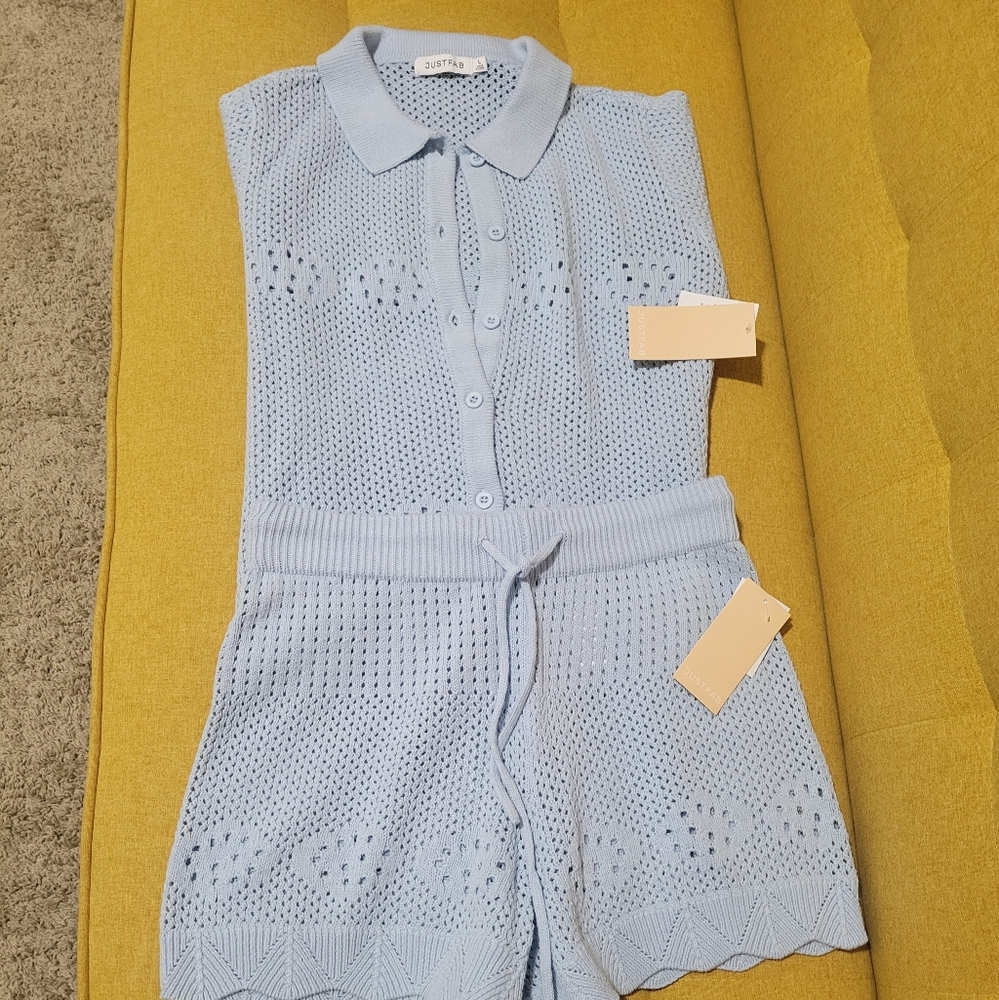 JustFab Light Blue Knit Crop Top And Shorts